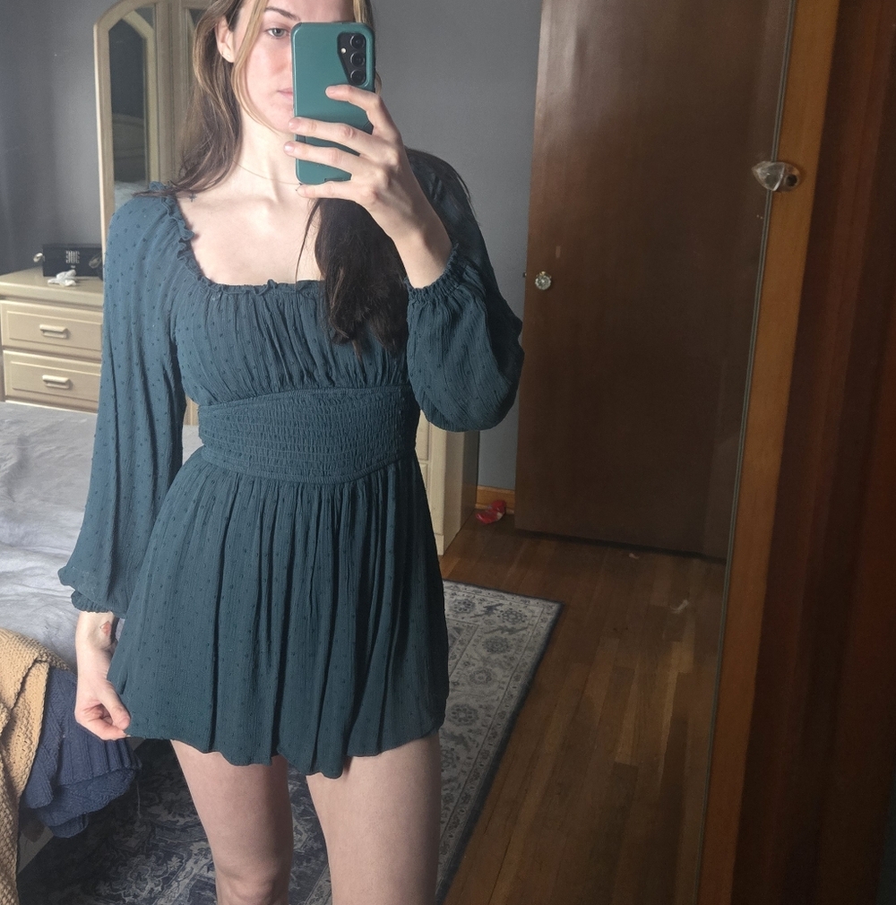 Hollister Smocked Waist Long-Sleeve Romper in Teal
